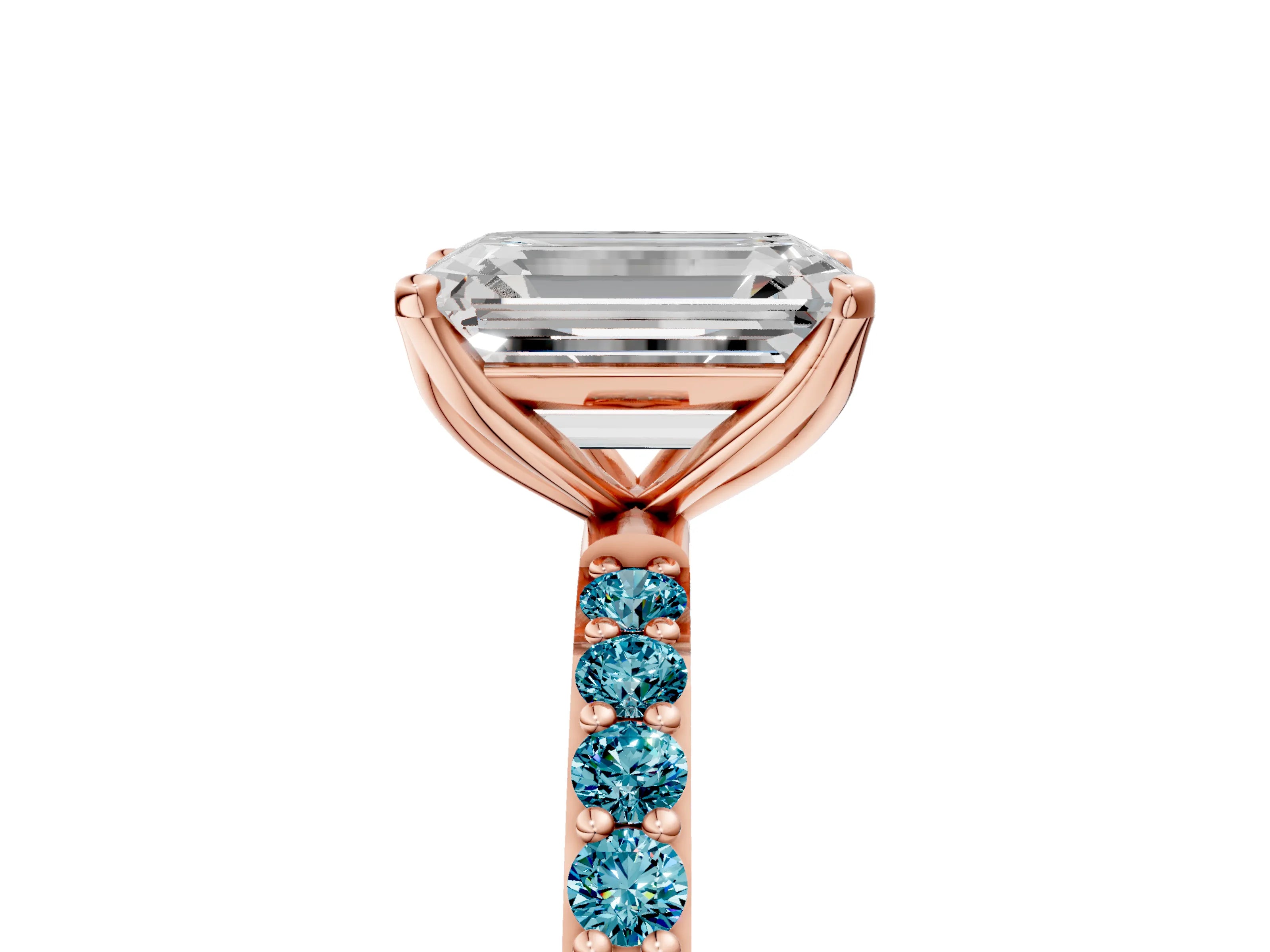 Rose gold Emerald Cut Diamond Solitaire Engagement Ring with Round with Blue Topaz side stone Pavé Band and Prong Setting_5