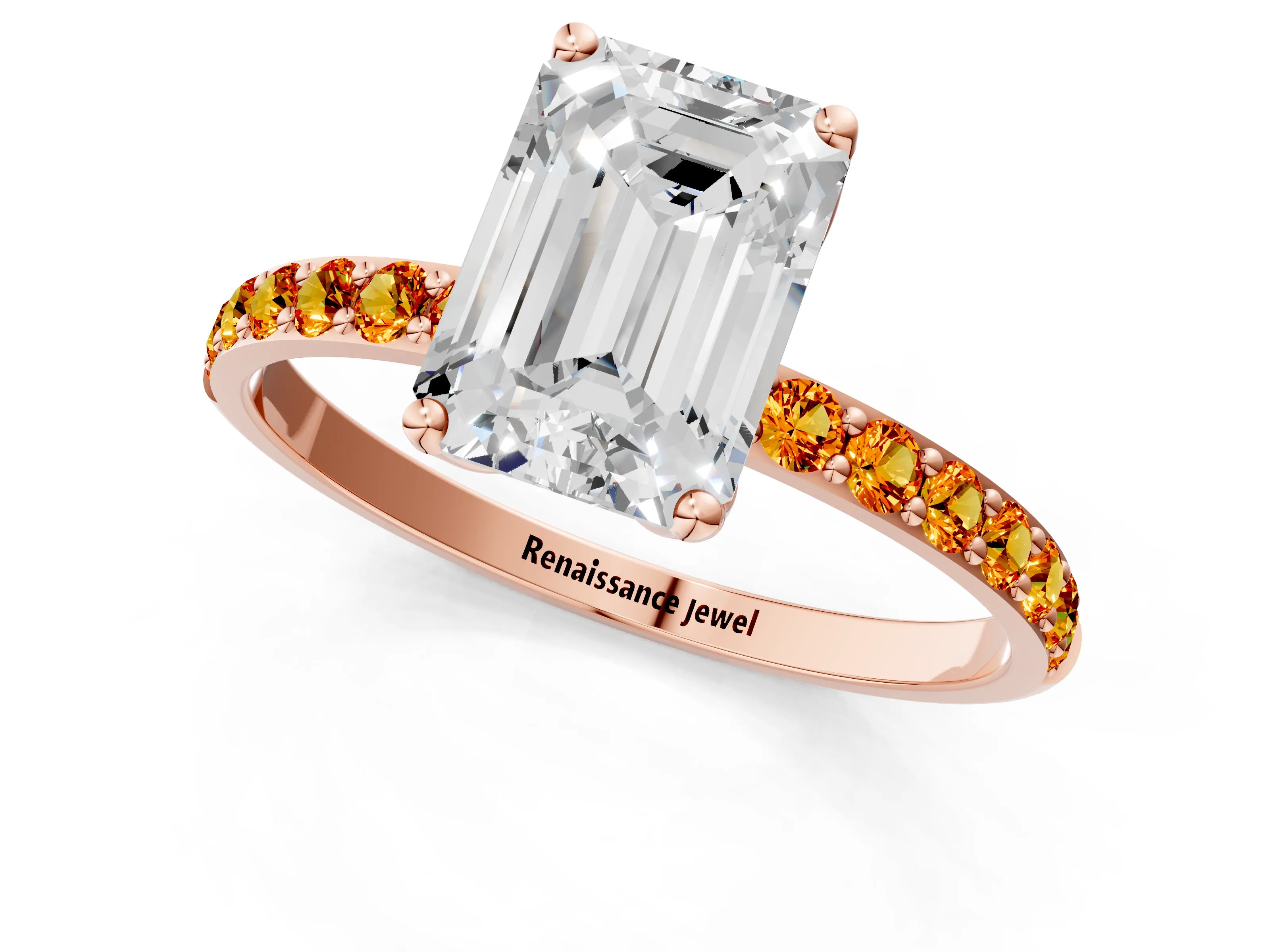 Rose gold Emerald Cut Diamond Solitaire Engagement Ring with Round with Citrine side stone Pavé Band and Prong Setting_1