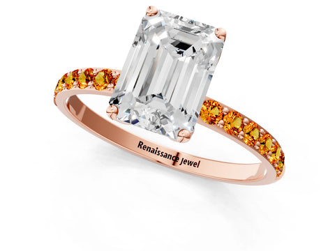 Rose gold Emerald Cut Diamond Solitaire Engagement Ring with Round with Citrine side stone Pavé Band and Prong Setting_1