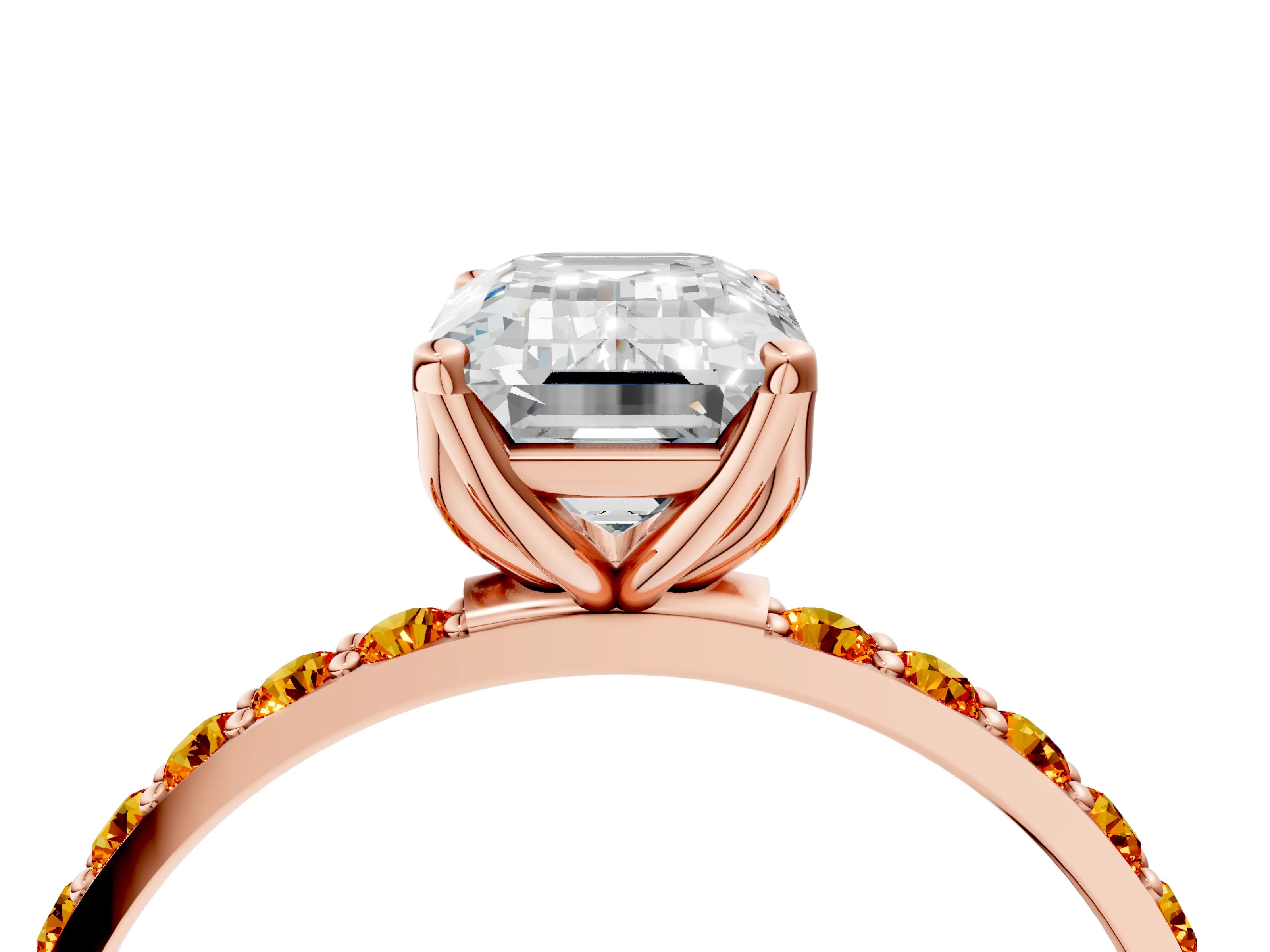 Rose gold Emerald Cut Diamond Solitaire Engagement Ring with Round with Citrine side stone Pavé Band and Prong Setting_4