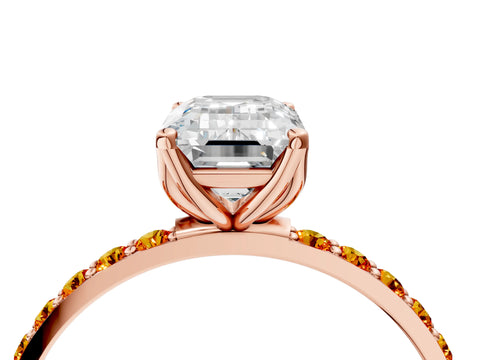 Rose gold Emerald Cut Diamond Solitaire Engagement Ring with Round with Citrine side stone Pavé Band and Prong Setting_4