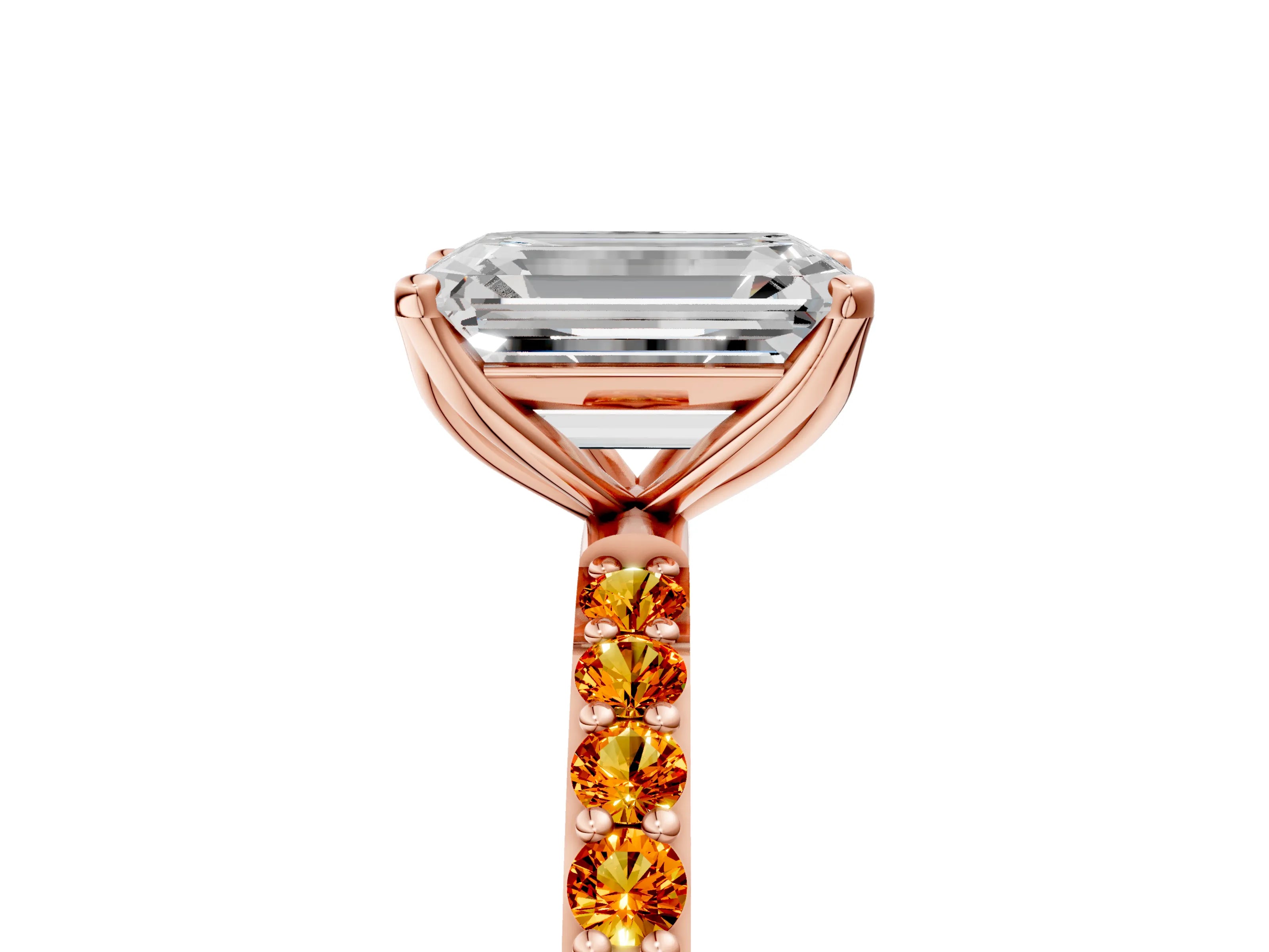 Rose gold Emerald Cut Diamond Solitaire Engagement Ring with Round with Citrine side stone Pavé Band and Prong Setting_5