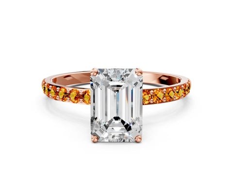 Rose gold Emerald Cut Diamond Solitaire Engagement Ring with Round with Citrine side stone Pavé Band and Prong Setting