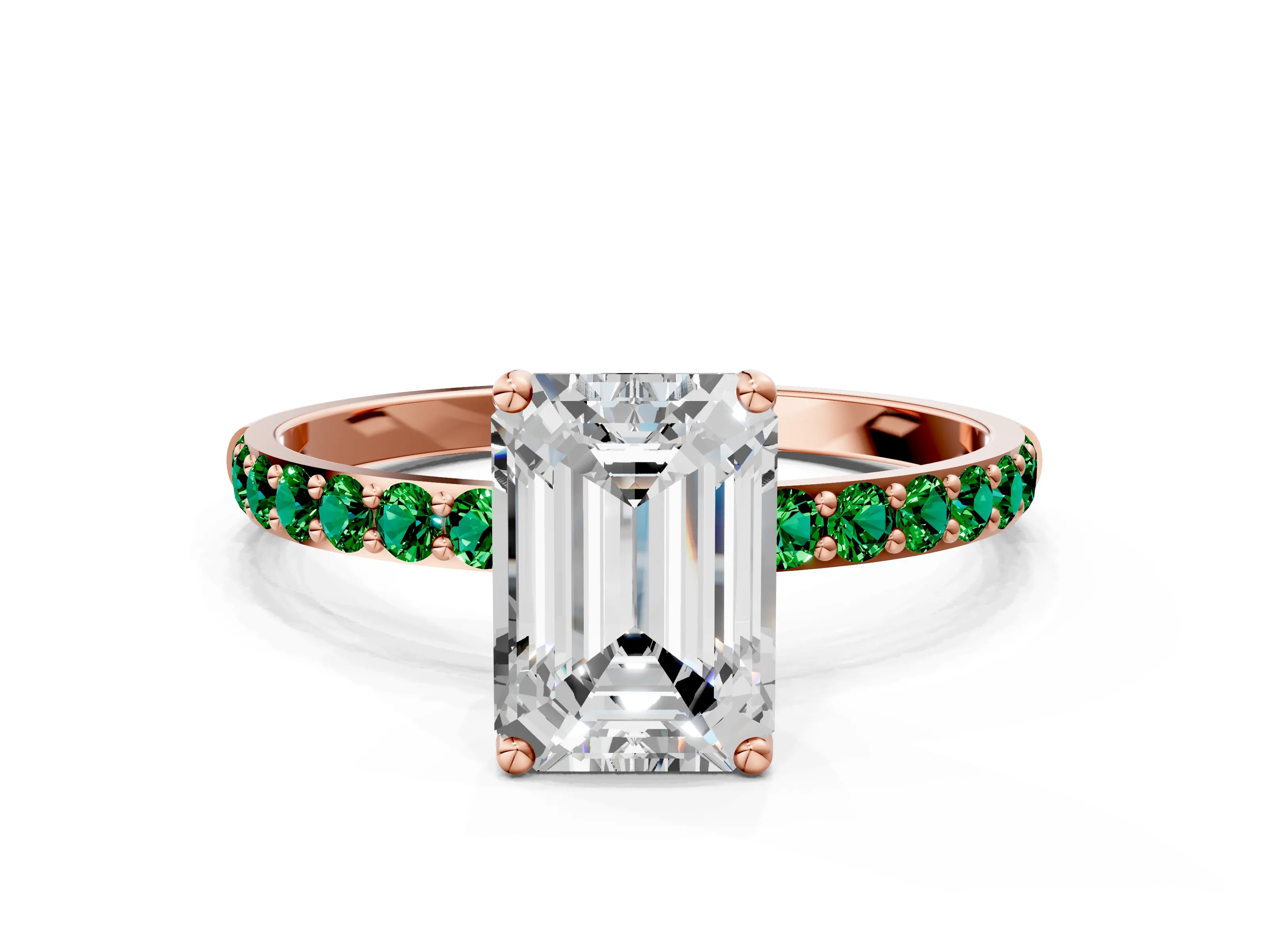 Rose gold Emerald Cut Diamond Solitaire Engagement Ring with Round with Emerald side stone Pavé Band and Prong Setting