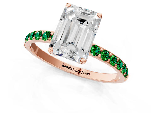 Rose gold Emerald Cut Diamond Solitaire Engagement Ring with Round with Emerald side stone Pavé Band and Prong Setting_1