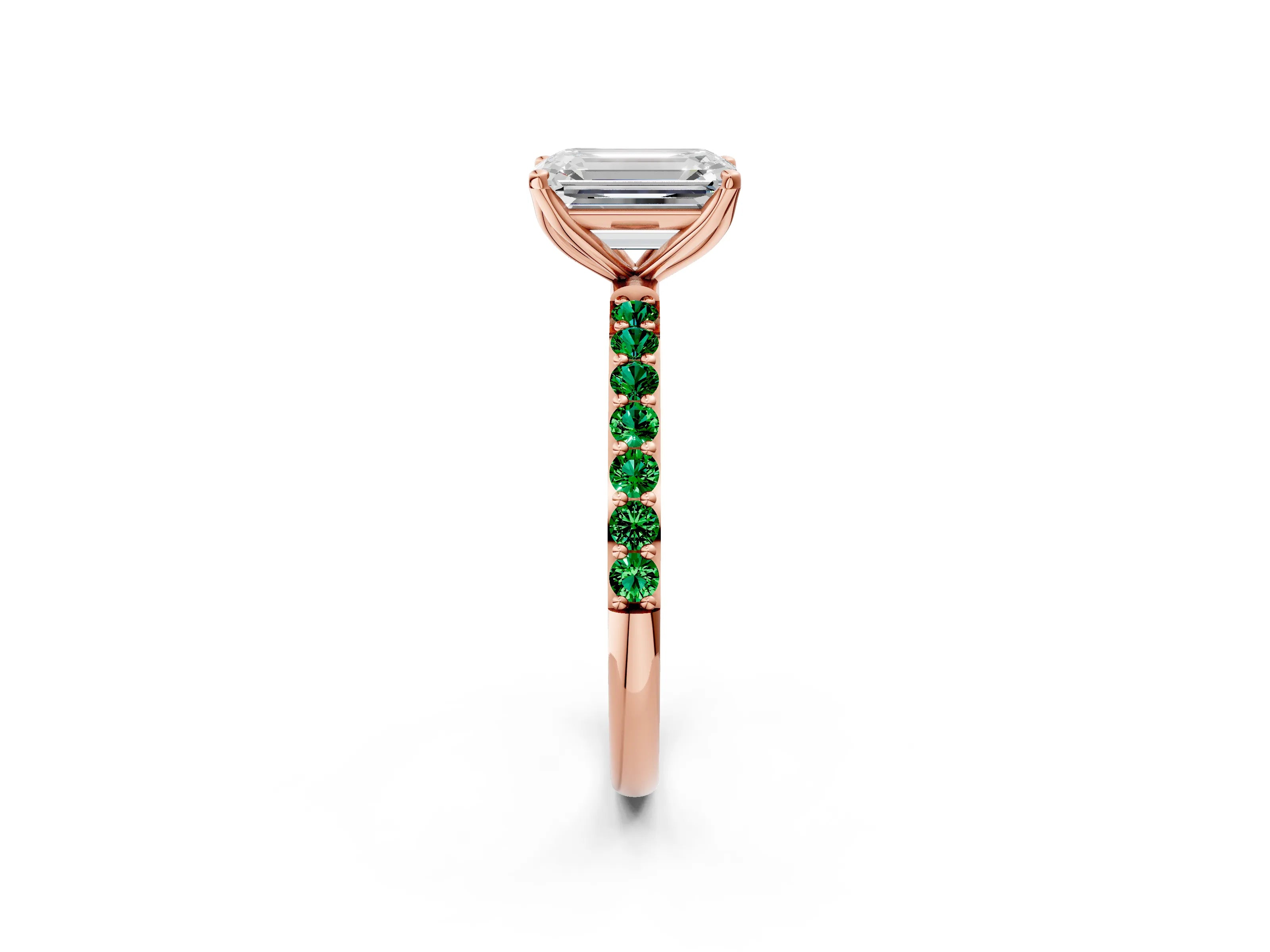 Rose gold Emerald Cut Diamond Solitaire Engagement Ring with Round with Emerald side stone Pavé Band and Prong Setting_2
