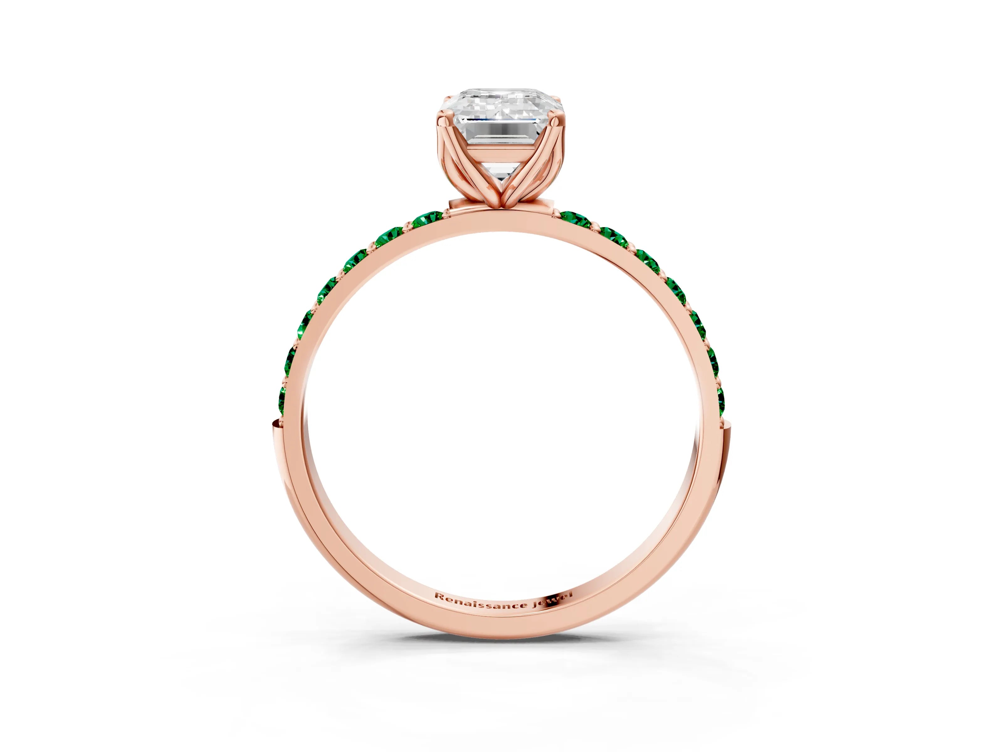 Rose gold Emerald Cut Diamond Solitaire Engagement Ring with Round with Emerald side stone Pavé Band and Prong Setting_3