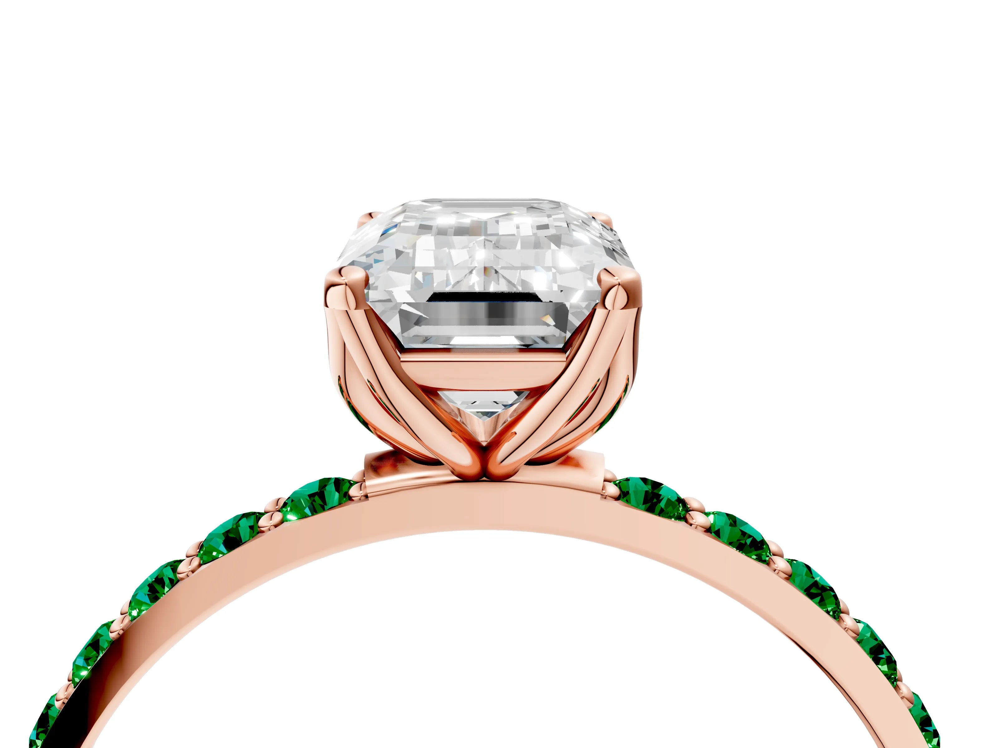 Rose gold Emerald Cut Diamond Solitaire Engagement Ring with Round with Emerald side stone Pavé Band and Prong Setting_4