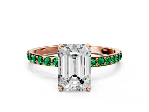 Rose gold Emerald Cut Diamond Solitaire Engagement Ring with Round with Emerald side stone Pavé Band and Prong Setting