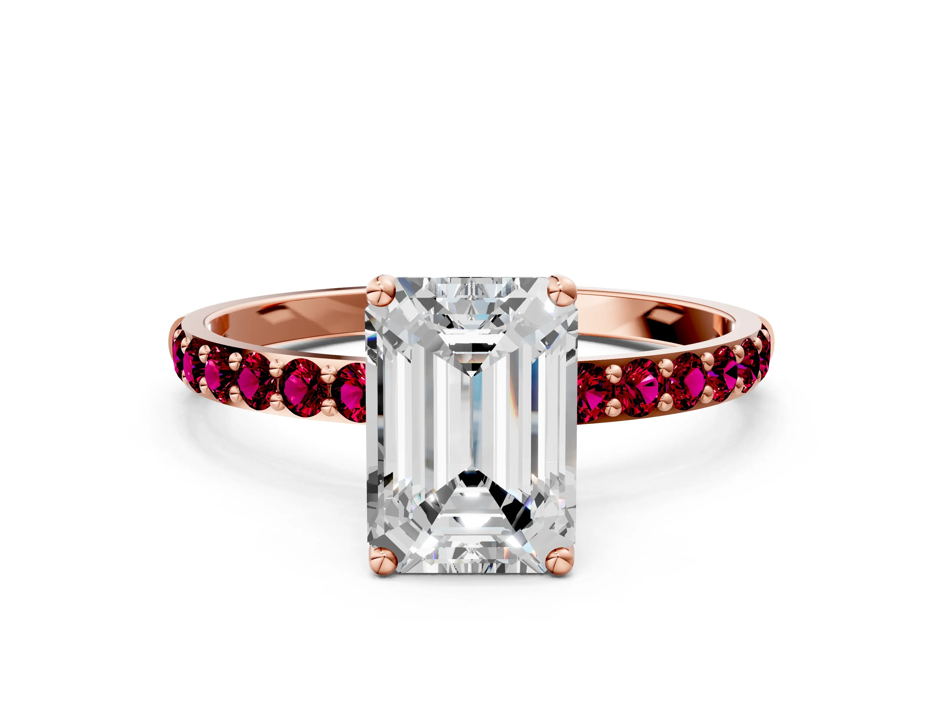 Rose gold Emerald Cut Diamond Solitaire Engagement Ring with Round with Garnet side stone Pavé Band and Prong Setting