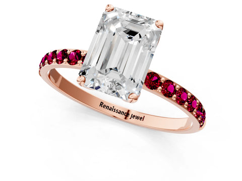 Rose gold Emerald Cut Diamond Solitaire Engagement Ring with Round with Garnet side stone Pavé Band and Prong Setting_1