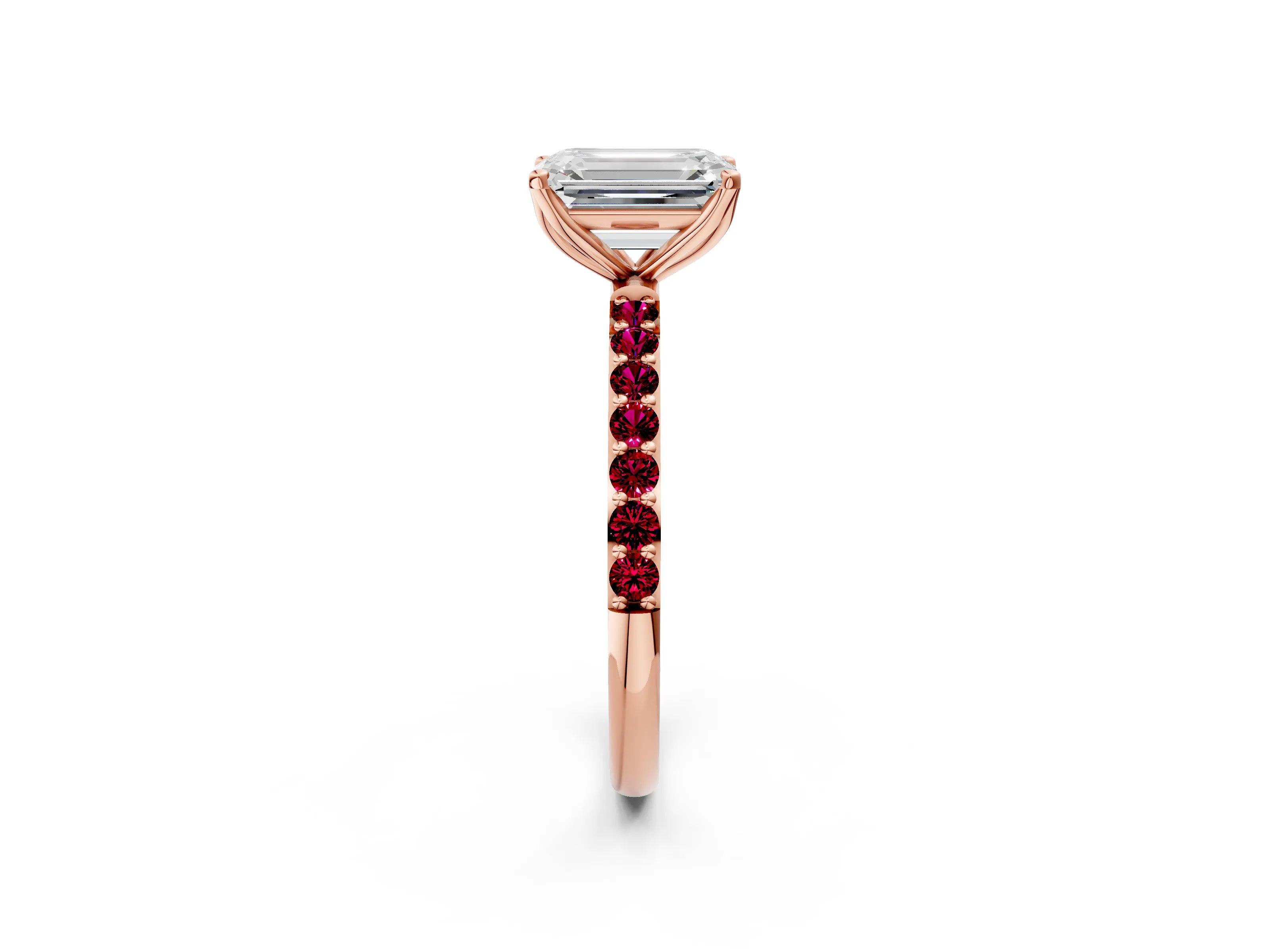 Rose gold Emerald Cut Diamond Solitaire Engagement Ring with Round with Garnet side stone Pavé Band and Prong Setting_2