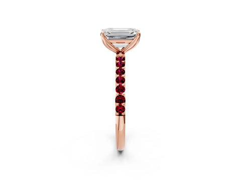 Rose gold Emerald Cut Diamond Solitaire Engagement Ring with Round with Garnet side stone Pavé Band and Prong Setting_2