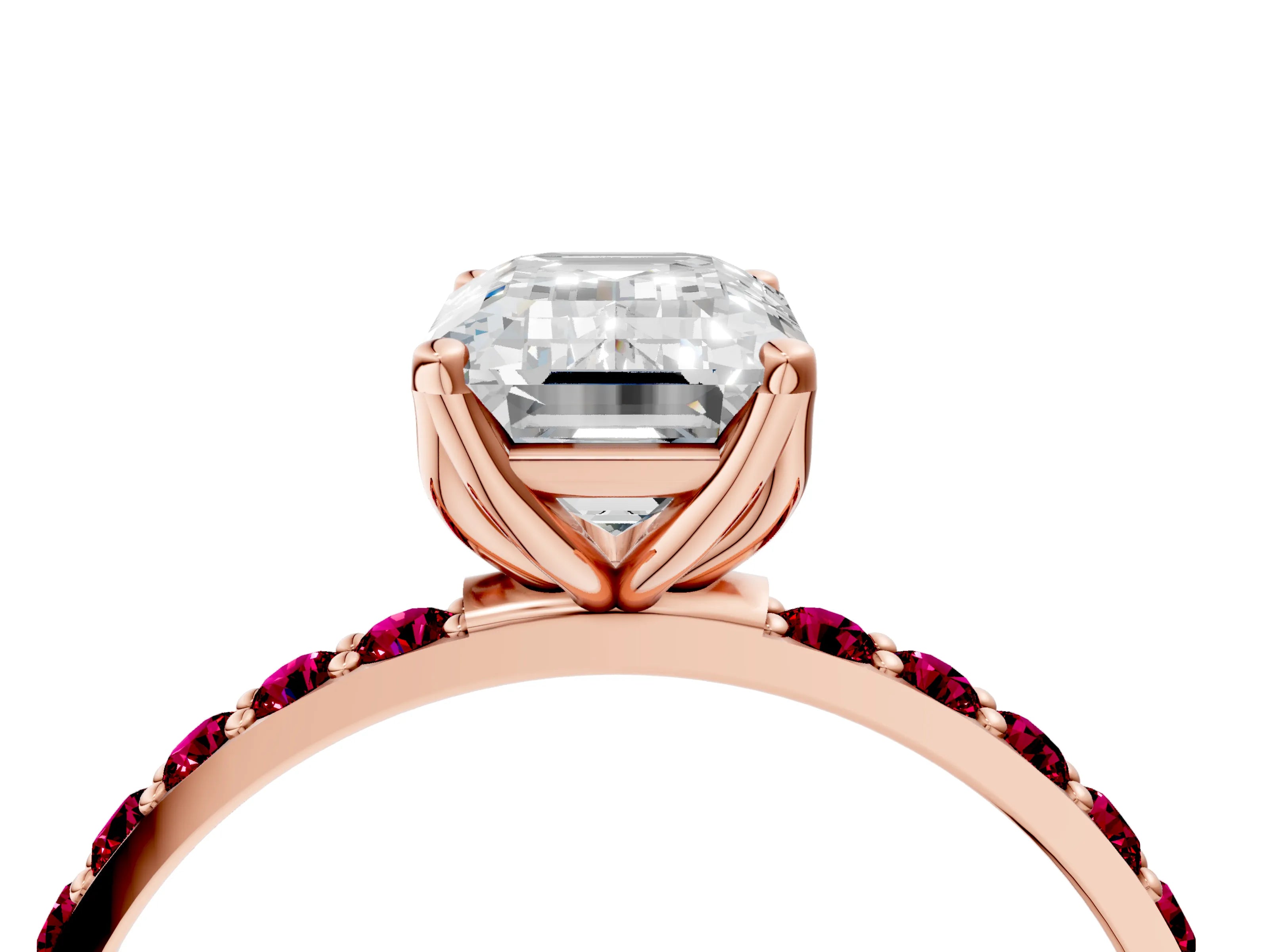 Rose gold Emerald Cut Diamond Solitaire Engagement Ring with Round with Garnet side stone Pavé Band and Prong Setting_4