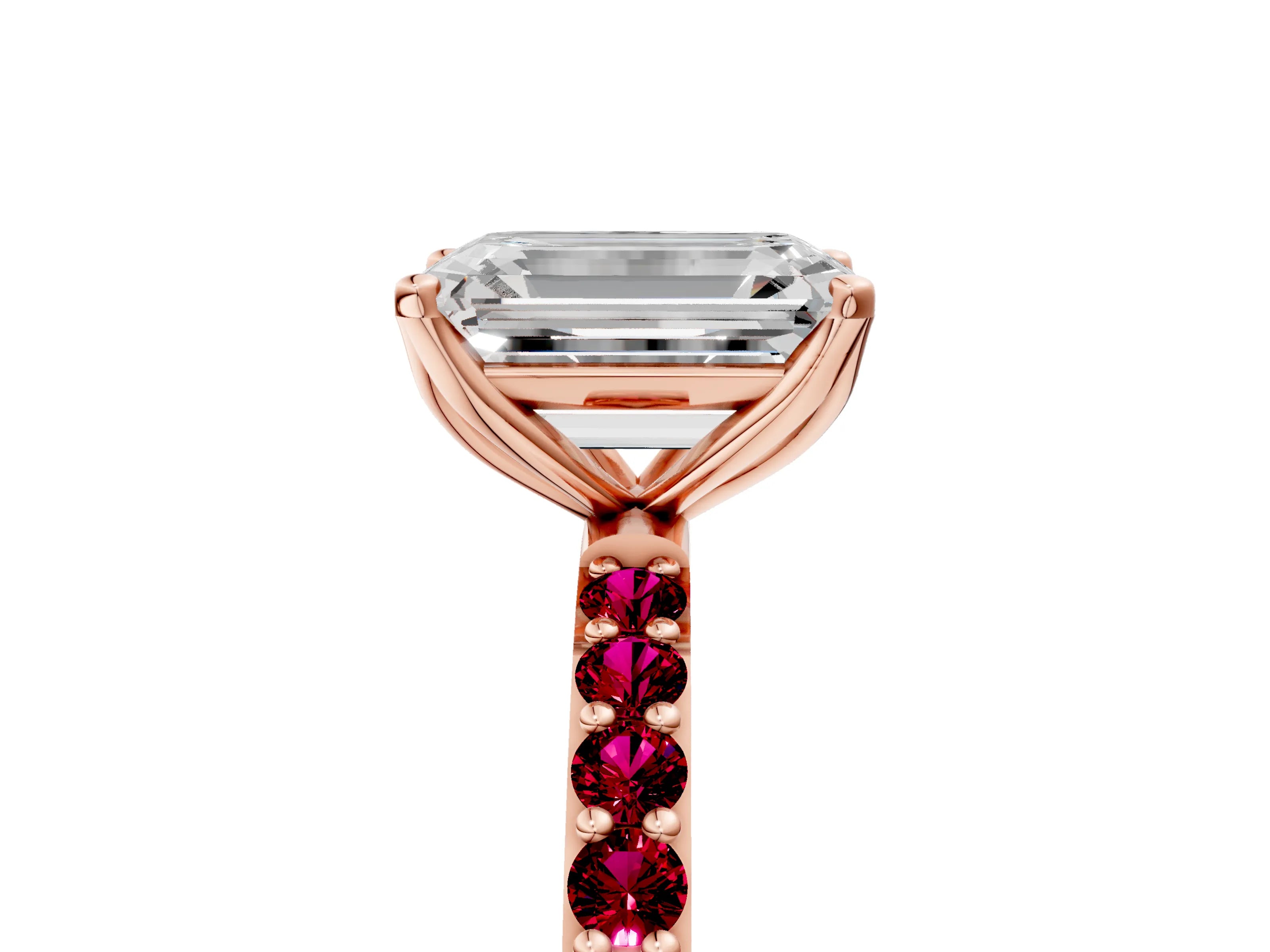 Rose gold Emerald Cut Diamond Solitaire Engagement Ring with Round with Garnet side stone Pavé Band and Prong Setting_5