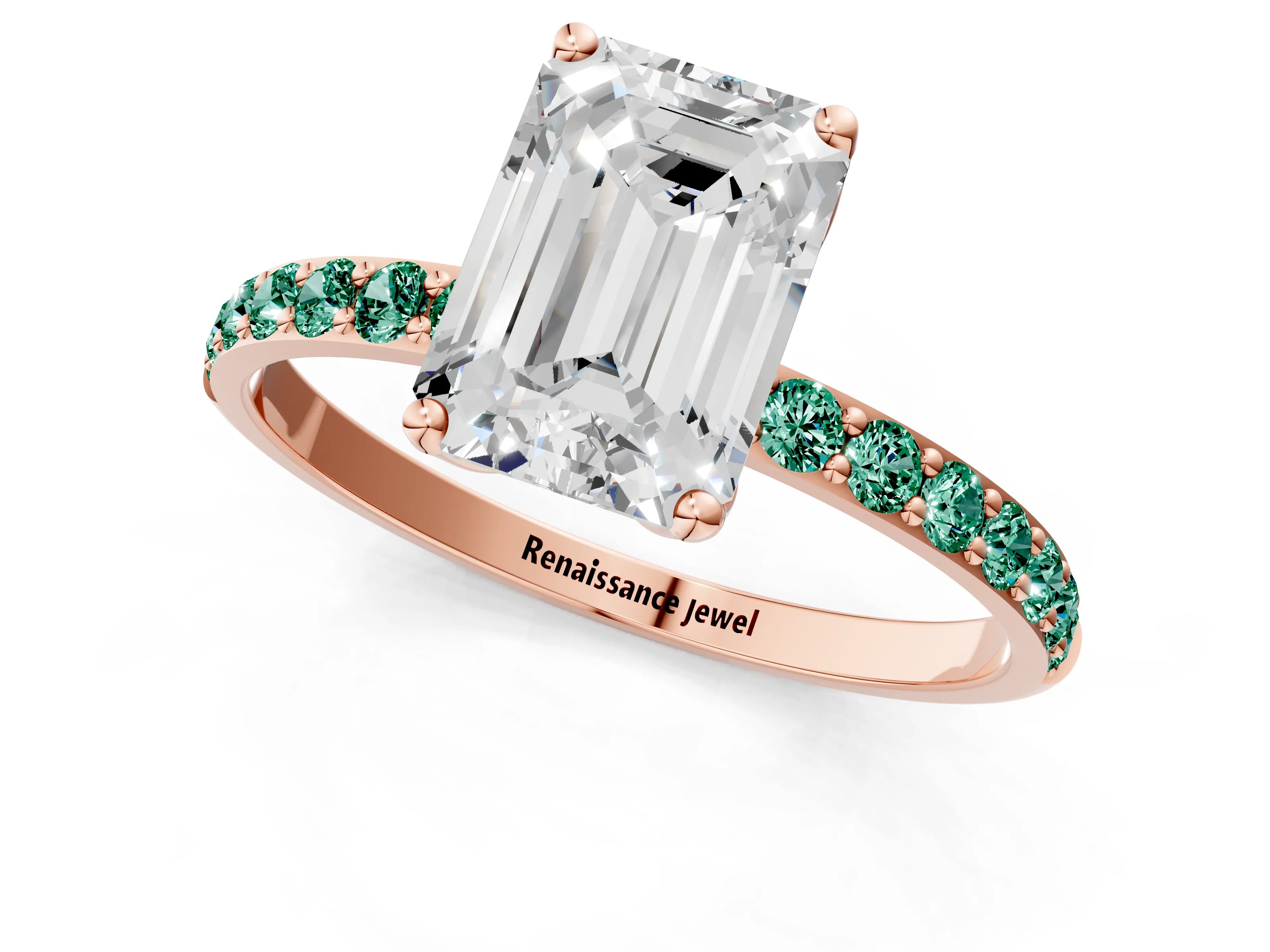 Rose gold Emerald Cut Diamond Solitaire Engagement Ring with Round with Green Sapphire side stone Pavé Band and Prong Setting_1