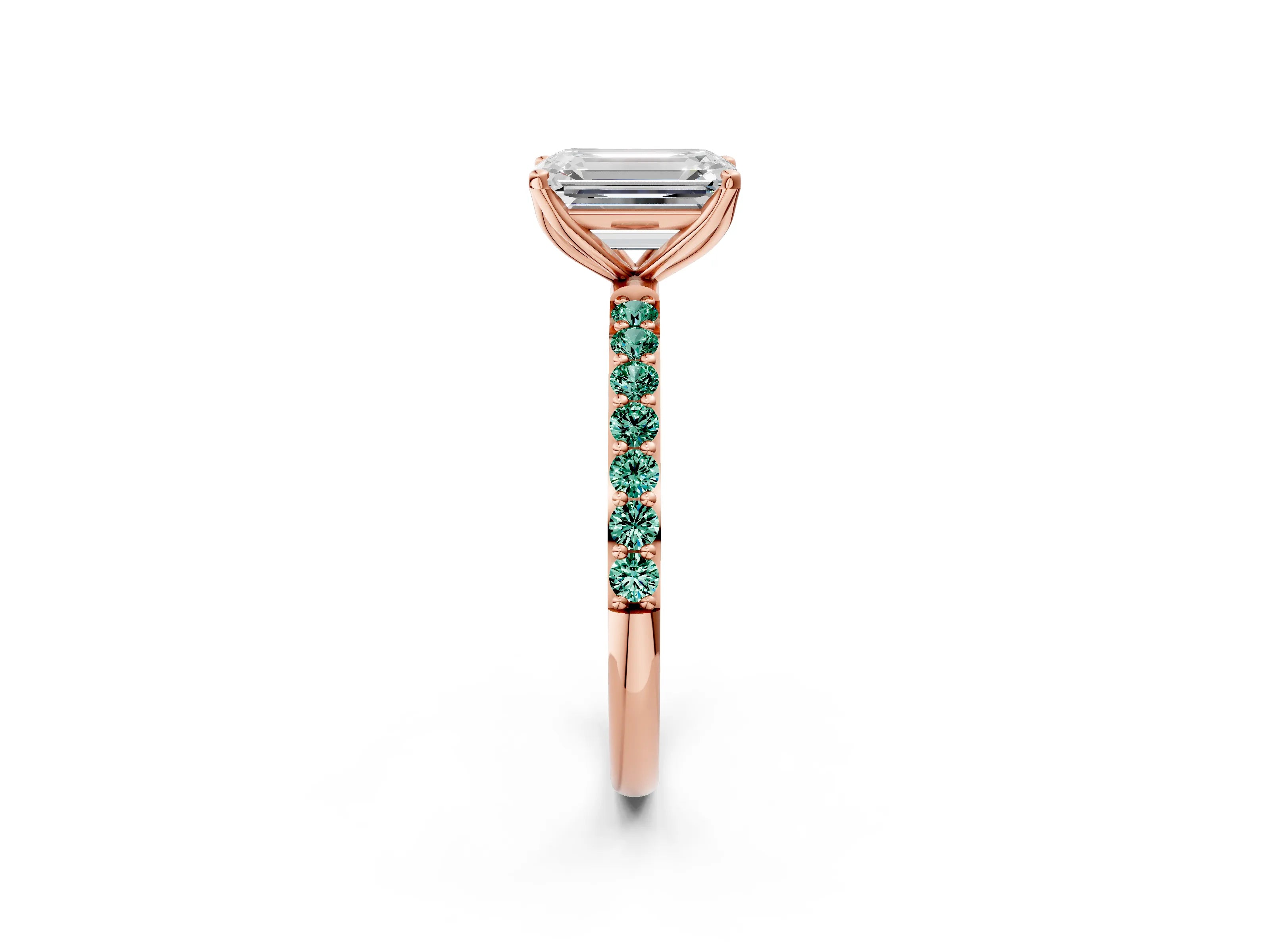 Rose gold Emerald Cut Diamond Solitaire Engagement Ring with Round with Green Sapphire side stone Pavé Band and Prong Setting_2