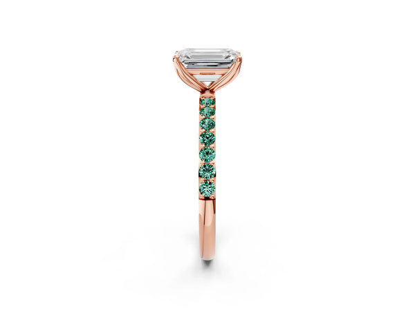 Rose gold Emerald Cut Diamond Solitaire Engagement Ring with Round with Green Sapphire side stone Pavé Band and Prong Setting