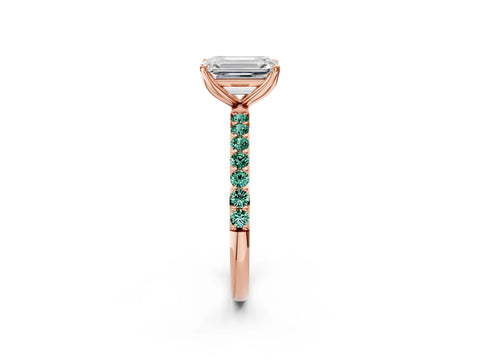 Rose gold Emerald Cut Diamond Solitaire Engagement Ring with Round with Green Sapphire side stone Pavé Band and Prong Setting_2