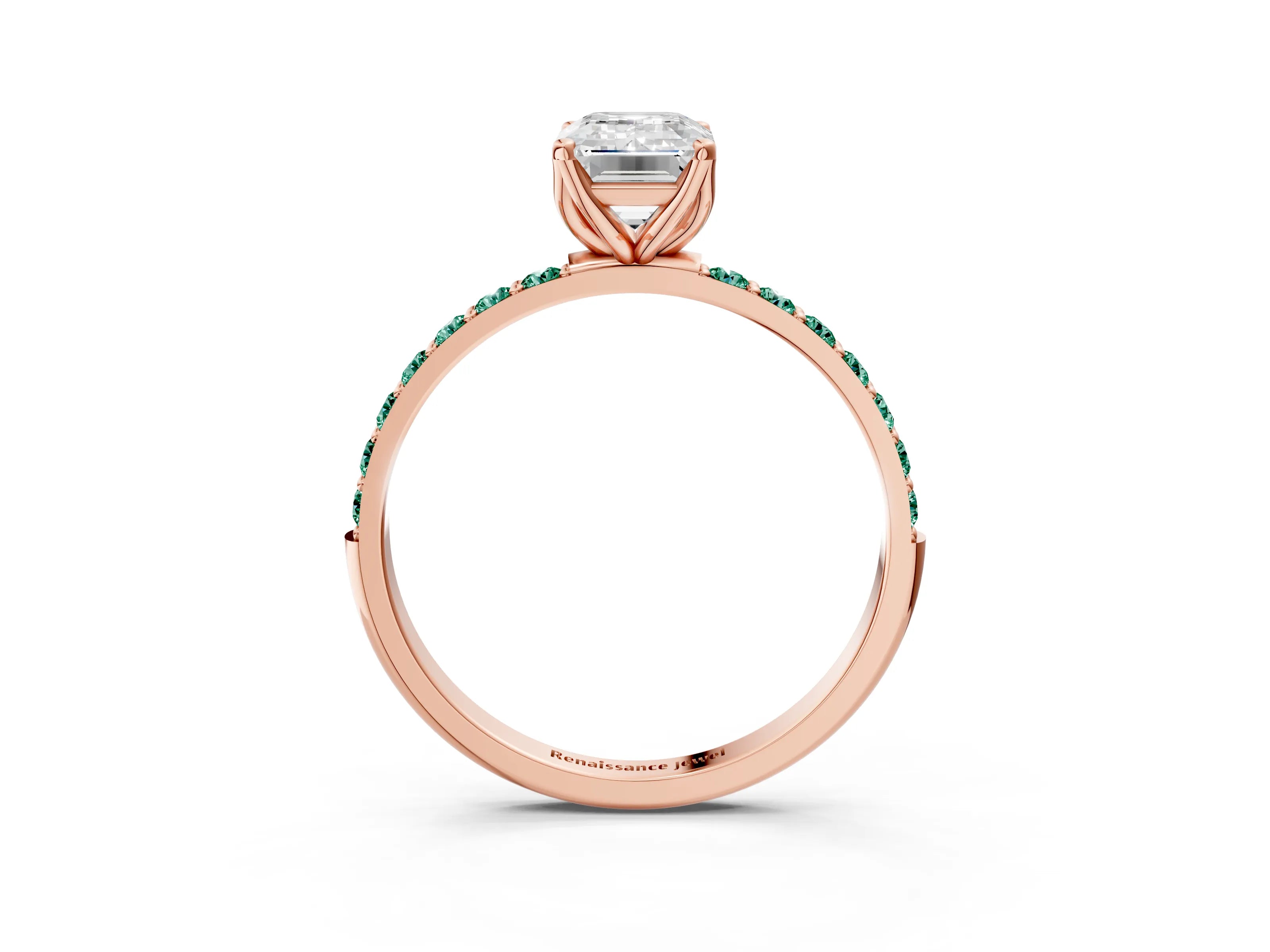Rose gold Emerald Cut Diamond Solitaire Engagement Ring with Round with Green Sapphire side stone Pavé Band and Prong Setting_3