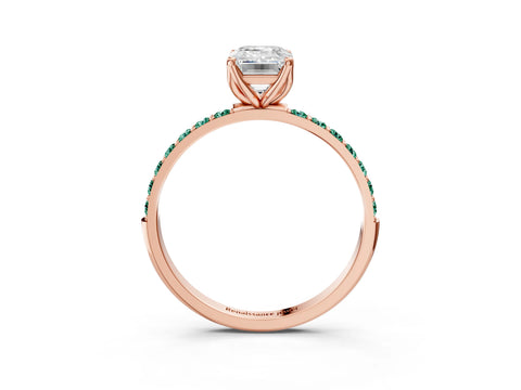 Rose gold Emerald Cut Diamond Solitaire Engagement Ring with Round with Green Sapphire side stone Pavé Band and Prong Setting_3