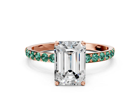 Rose gold Emerald Cut Diamond Solitaire Engagement Ring with Round with Green Sapphire side stone Pavé Band and Prong Setting