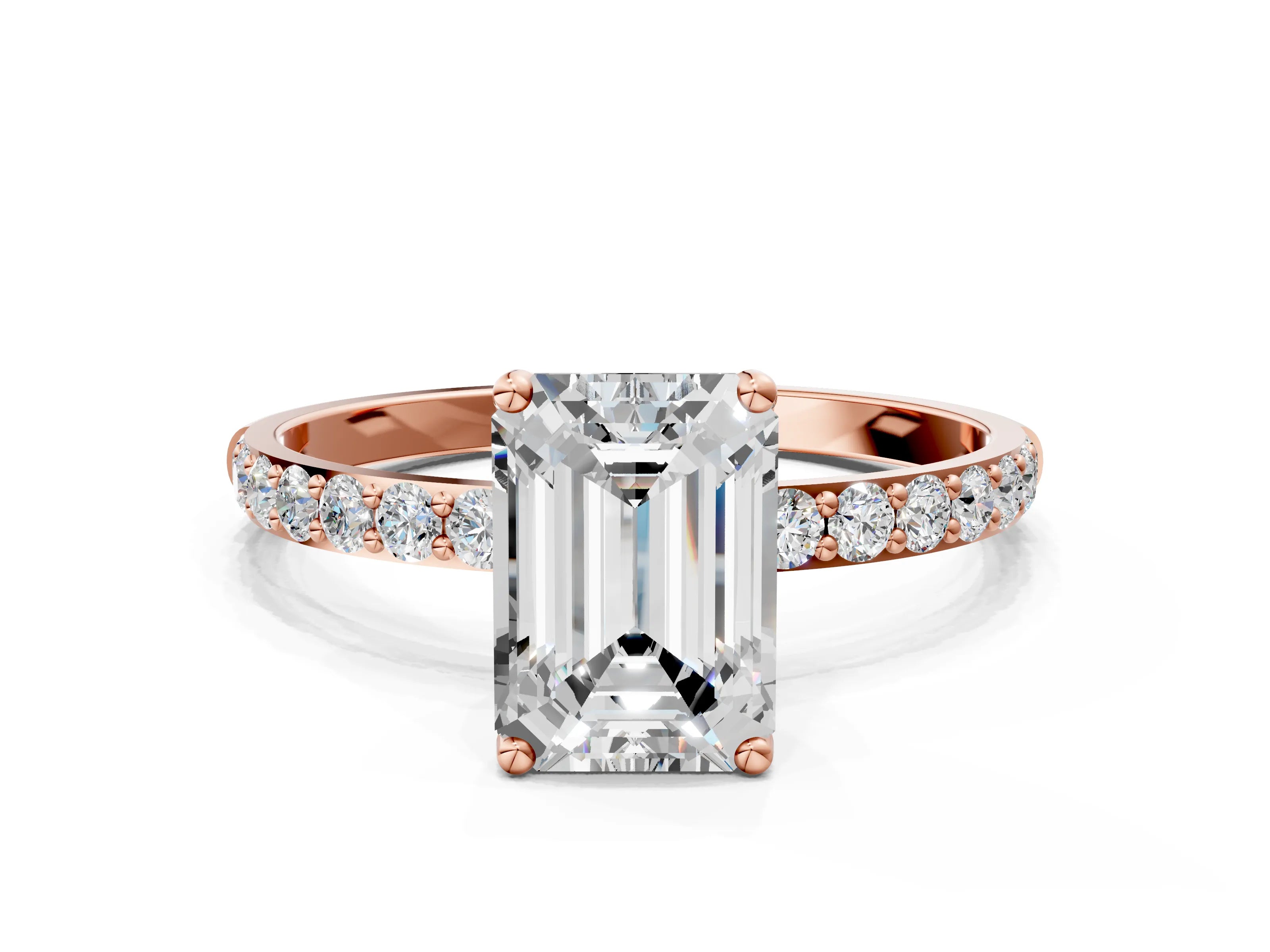 Rose gold Emerald Cut Diamond Solitaire Engagement Ring with Round with Moissanite side stone Pavé Band and Prong Setting