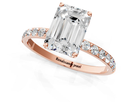 Rose gold Emerald Cut Diamond Solitaire Engagement Ring with Round with Moissanite side stone Pavé Band and Prong Setting_1