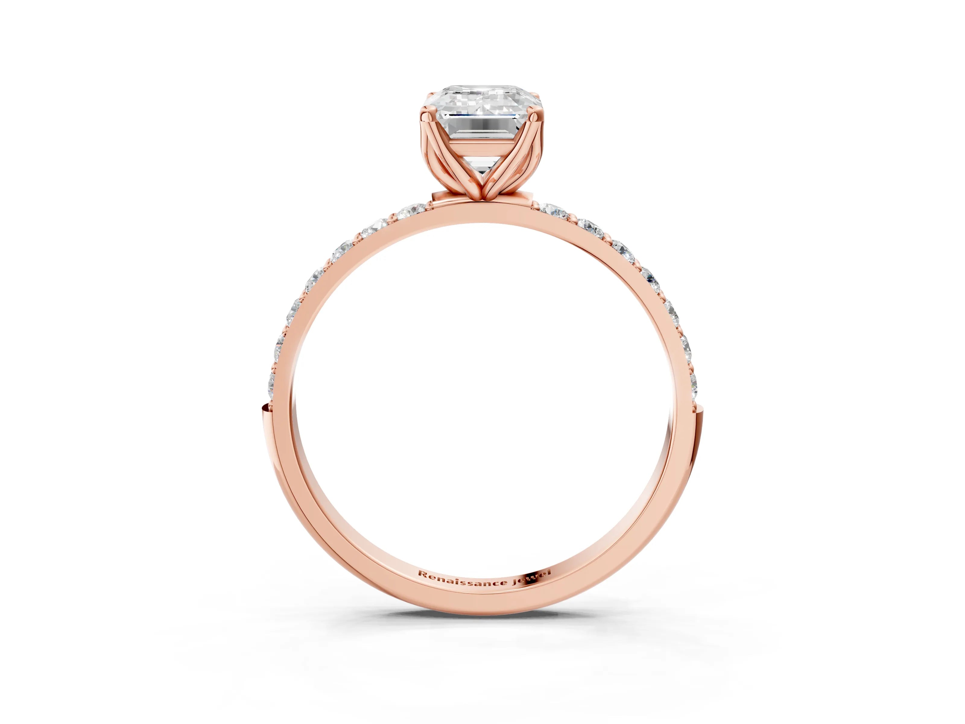 Rose gold Emerald Cut Diamond Solitaire Engagement Ring with Round with Moissanite side stone Pavé Band and Prong Setting_3