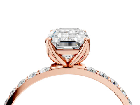 Rose gold Emerald Cut Diamond Solitaire Engagement Ring with Round with Moissanite side stone Pavé Band and Prong Setting_4