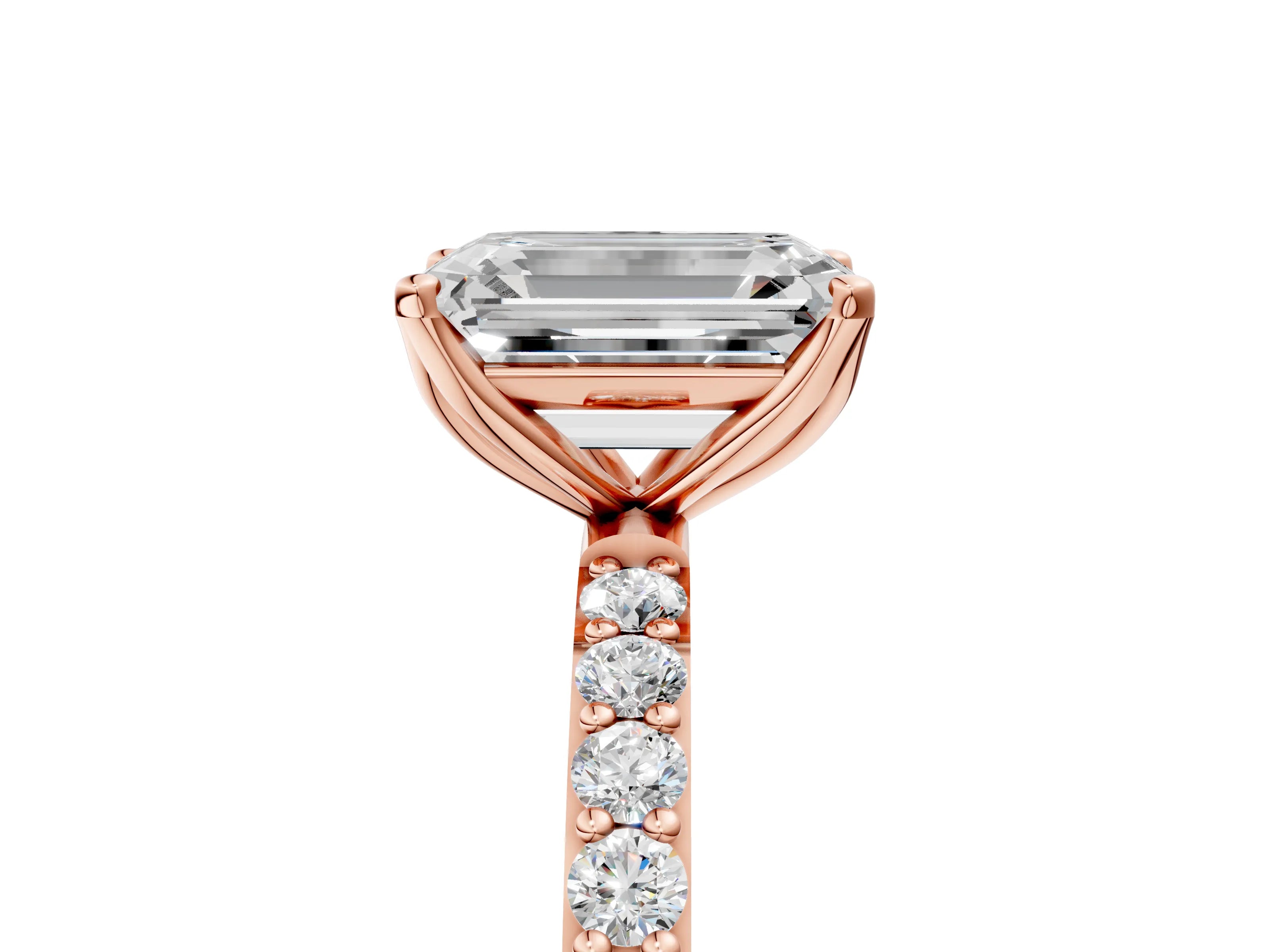 Rose gold Emerald Cut Diamond Solitaire Engagement Ring with Round with Moissanite side stone Pavé Band and Prong Setting_5