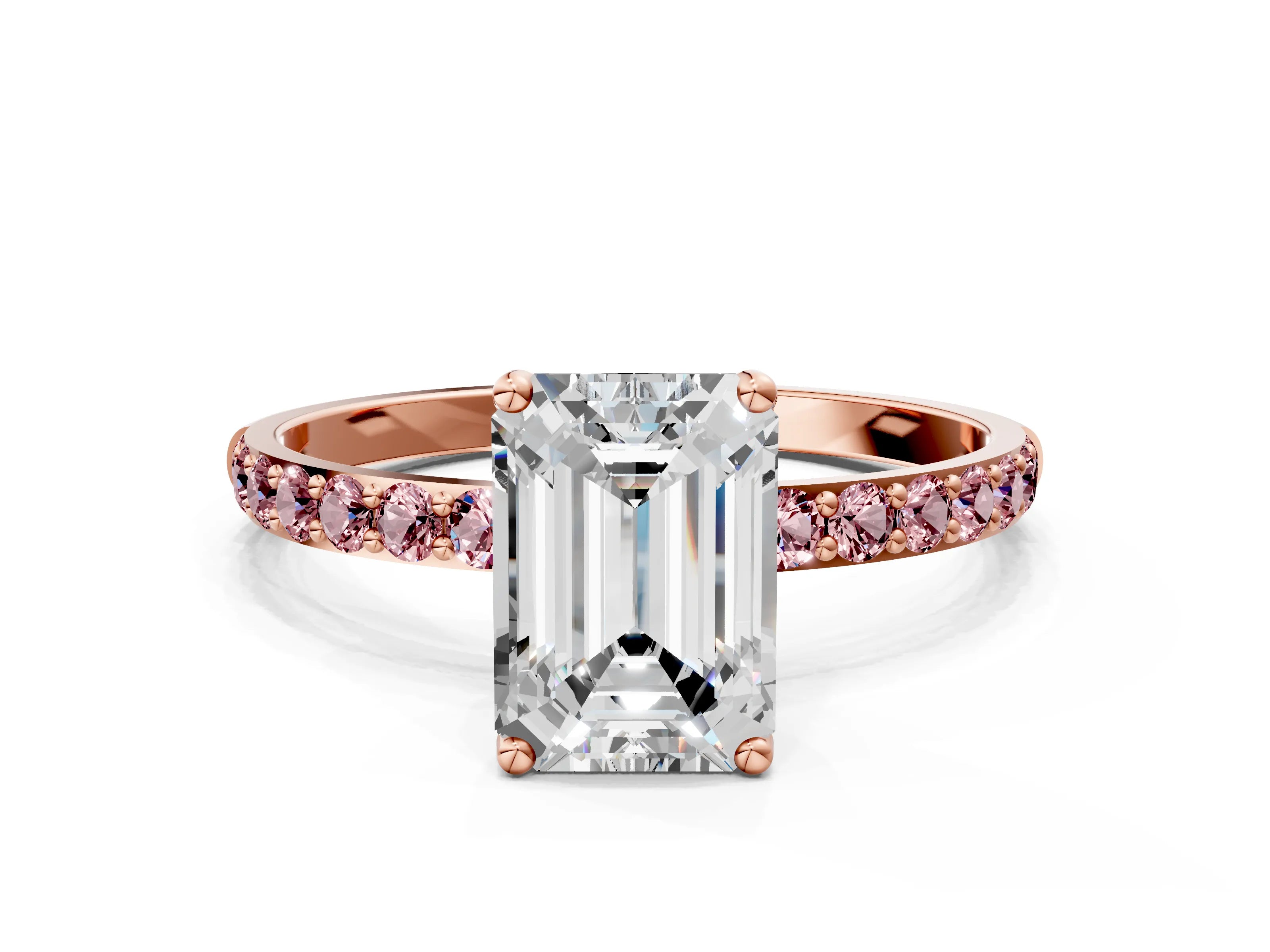 Rose gold Emerald Cut Diamond Solitaire Engagement Ring with Round with Morganite side stone Pavé Band and Prong Setting