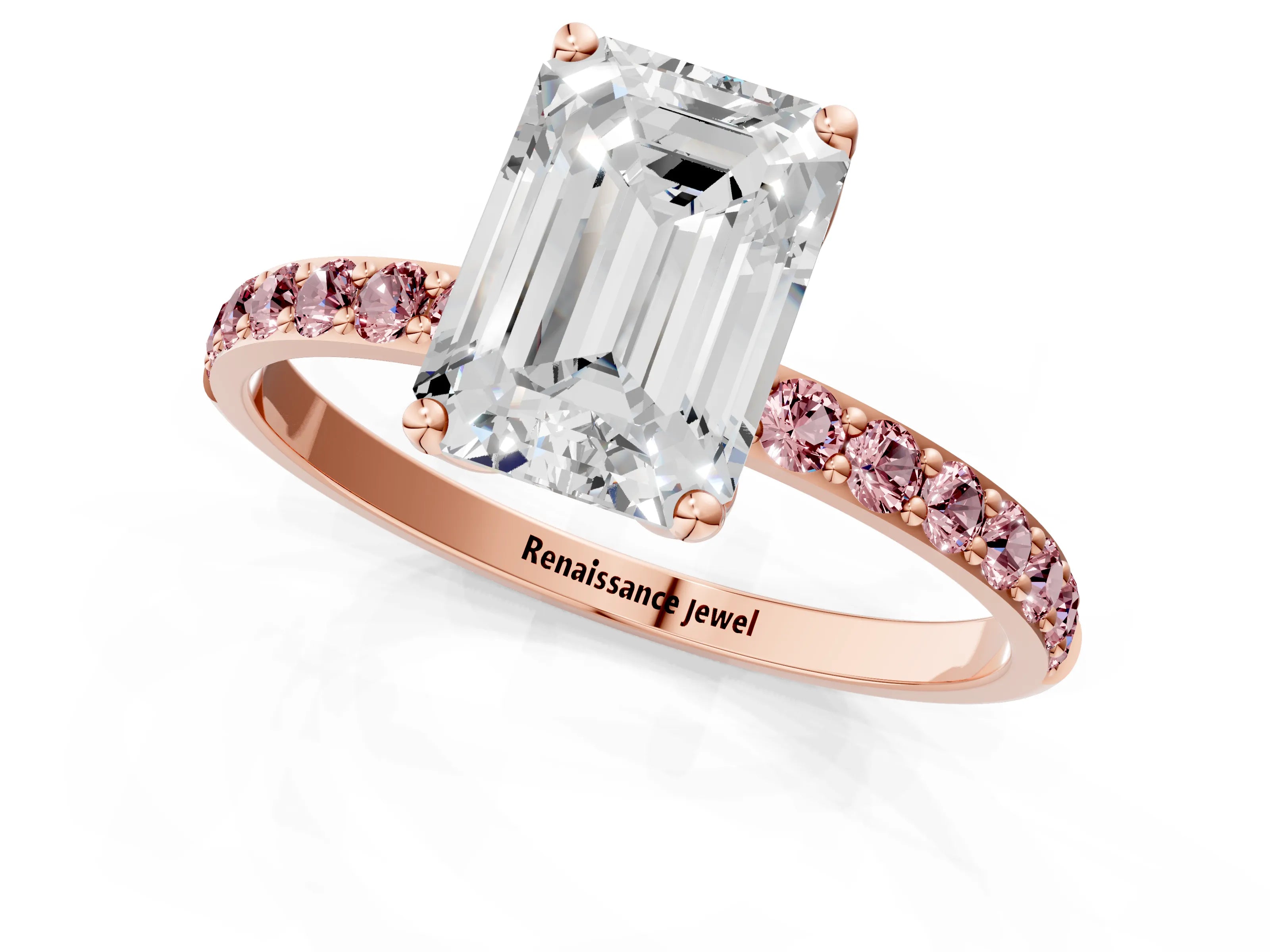 Rose gold Emerald Cut Diamond Solitaire Engagement Ring with Round with Morganite side stone Pavé Band and Prong Setting_1
