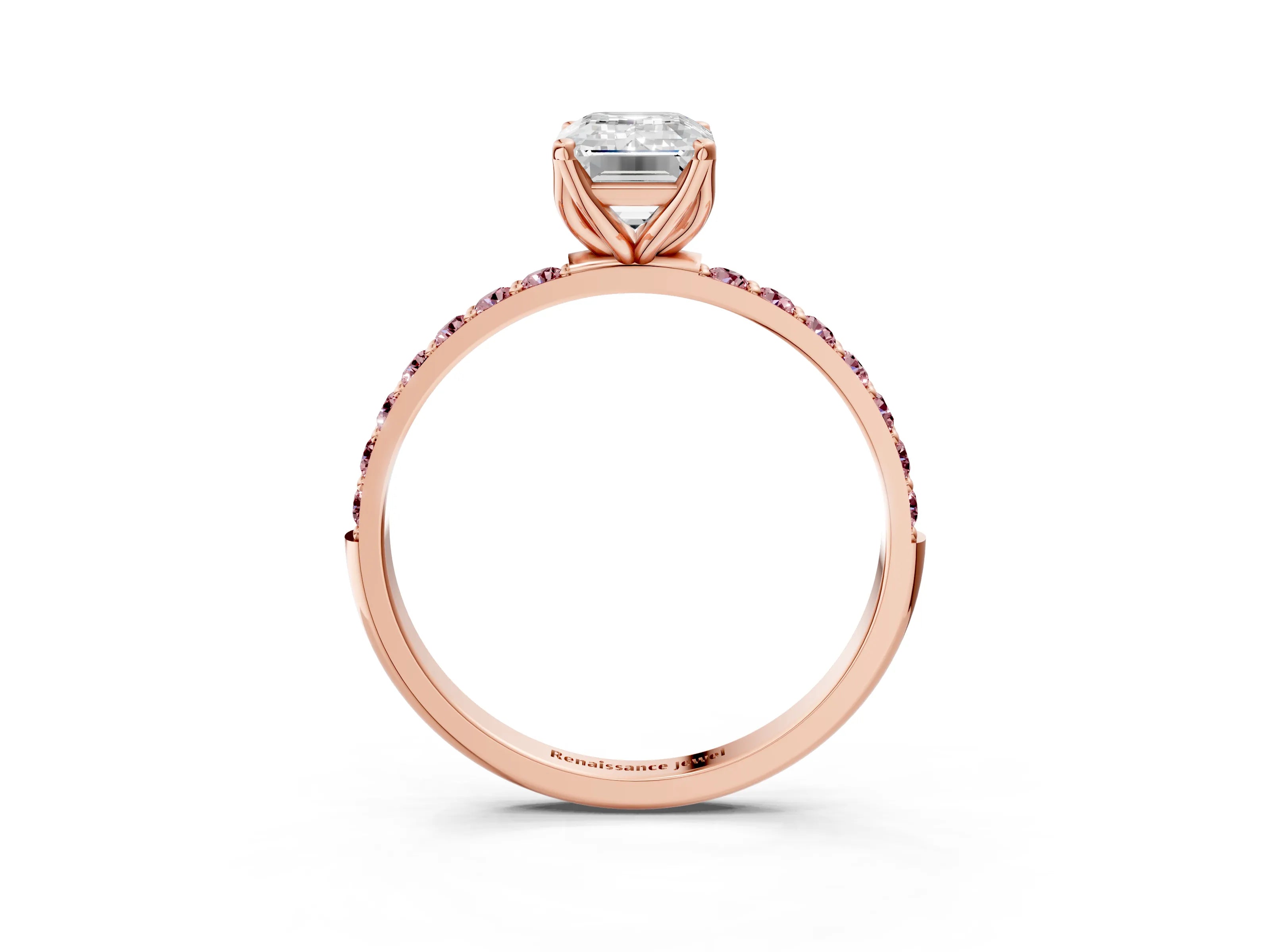 Rose gold Emerald Cut Diamond Solitaire Engagement Ring with Round with Morganite side stone Pavé Band and Prong Setting_3