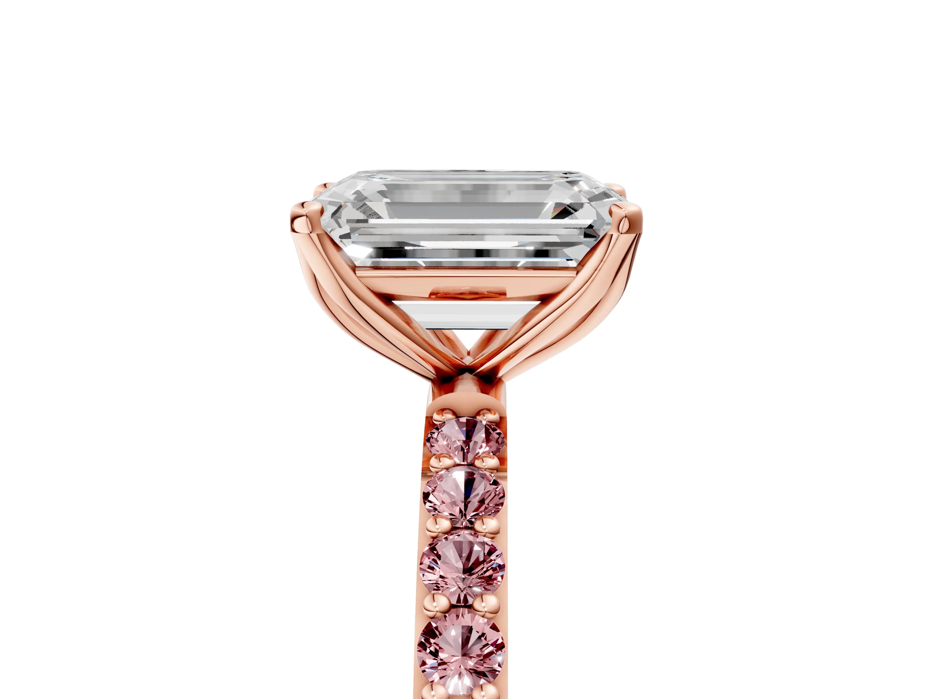 Rose gold Emerald Cut Diamond Solitaire Engagement Ring with Round with Morganite side stone Pavé Band and Prong Setting_5