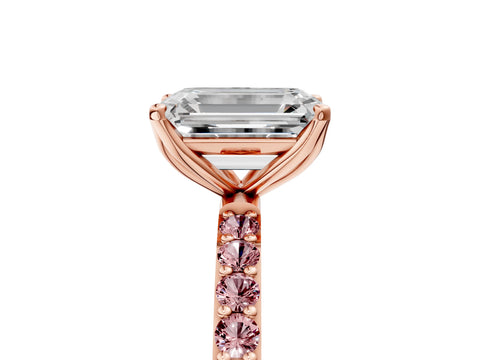 Rose gold Emerald Cut Diamond Solitaire Engagement Ring with Round with Morganite side stone Pavé Band and Prong Setting_5