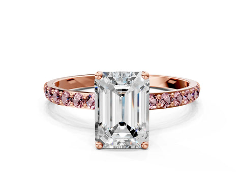 Rose gold Emerald Cut Diamond Solitaire Engagement Ring with Round with Morganite side stone Pavé Band and Prong Setting