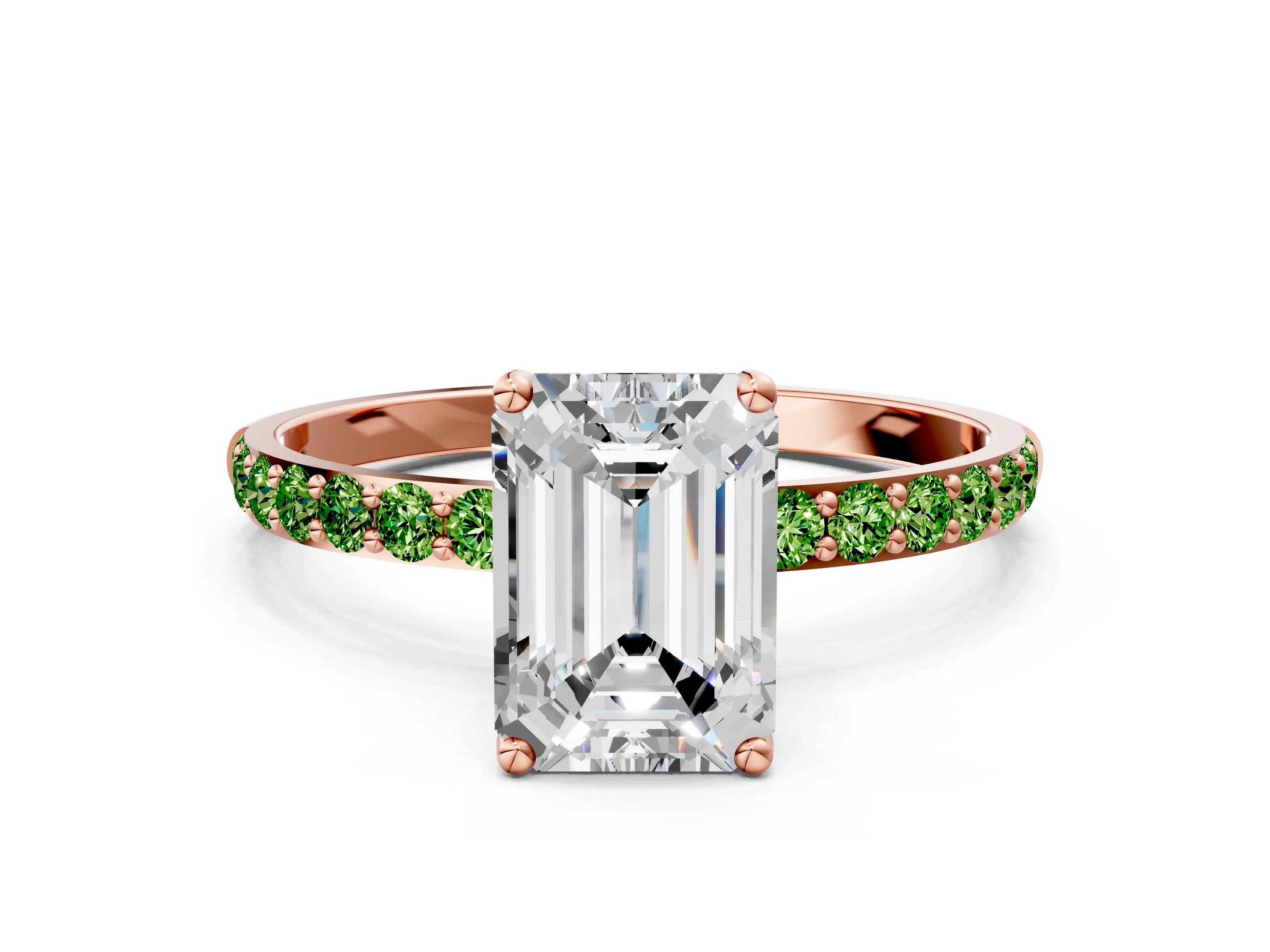 Rose gold Emerald Cut Diamond Solitaire Engagement Ring with Round with Peridot side stone Pavé Band and Prong Setting