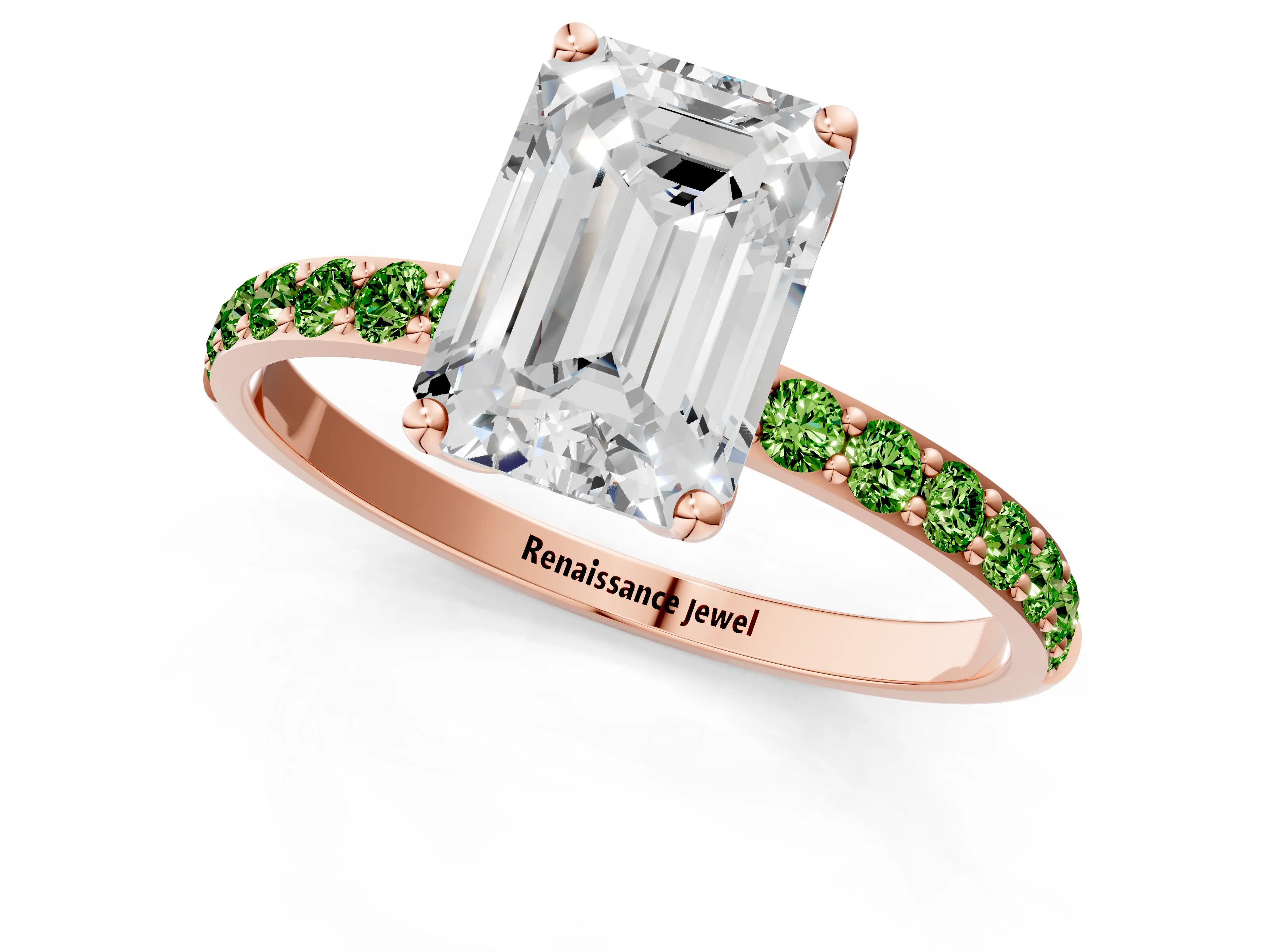 Rose gold Emerald Cut Diamond Solitaire Engagement Ring with Round with Peridot side stone Pavé Band and Prong Setting_1
