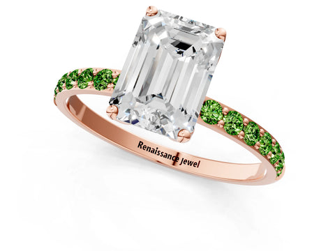 Rose gold Emerald Cut Diamond Solitaire Engagement Ring with Round with Peridot side stone Pavé Band and Prong Setting_1