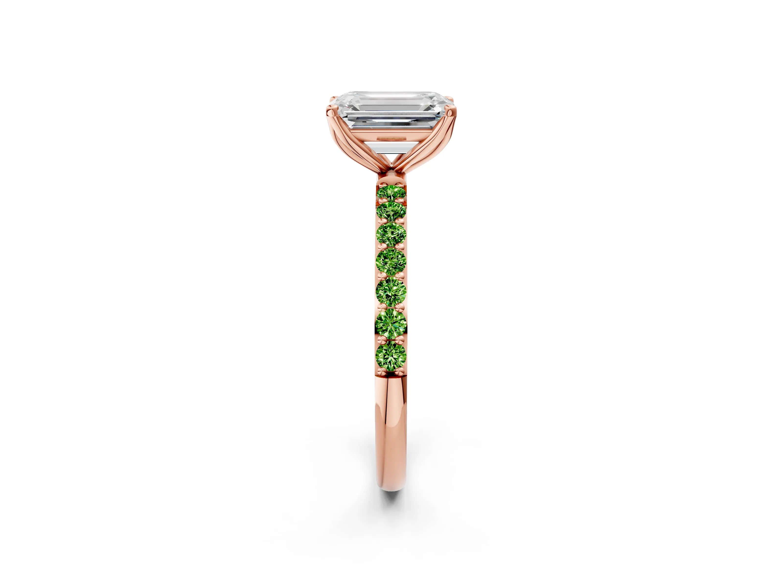 Rose gold Emerald Cut Diamond Solitaire Engagement Ring with Round with Peridot side stone Pavé Band and Prong Setting_2