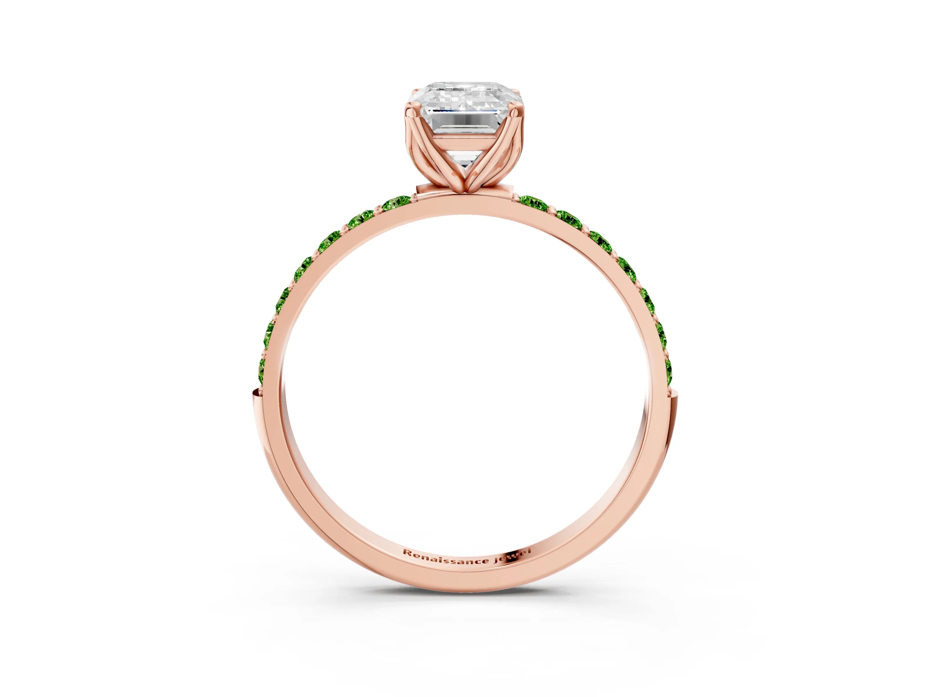 Rose gold Emerald Cut Diamond Solitaire Engagement Ring with Round with Peridot side stone Pavé Band and Prong Setting_3