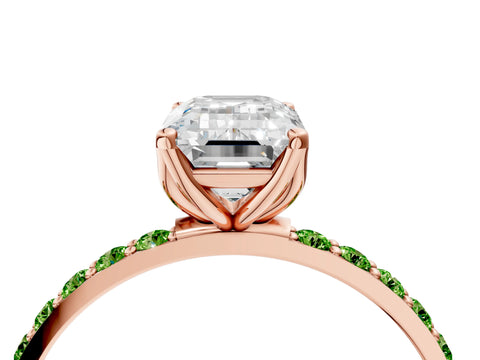 Rose gold Emerald Cut Diamond Solitaire Engagement Ring with Round with Peridot side stone Pavé Band and Prong Setting_4