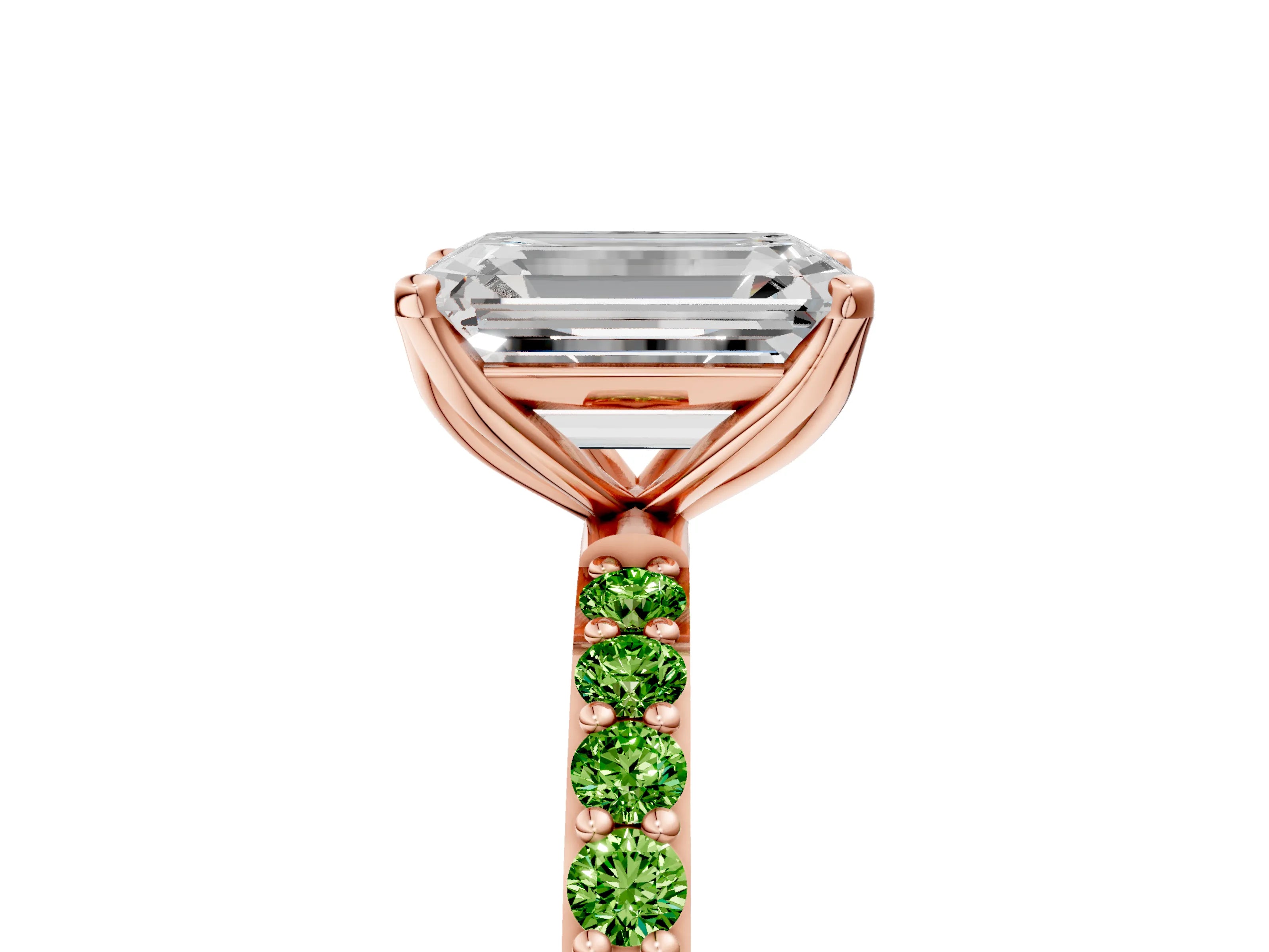 Rose gold Emerald Cut Diamond Solitaire Engagement Ring with Round with Peridot side stone Pavé Band and Prong Setting_5