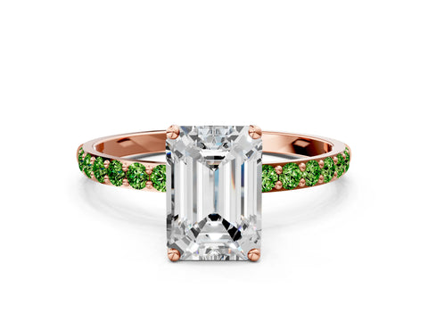 Rose gold Emerald Cut Diamond Solitaire Engagement Ring with Round with Peridot side stone Pavé Band and Prong Setting