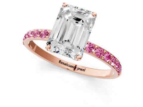 Rose gold Emerald Cut Diamond Solitaire Engagement Ring with Round with Pink Sapphire side stone Pavé Band and Prong Setting_1