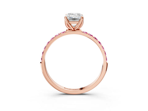 Rose gold Emerald Cut Diamond Solitaire Engagement Ring with Round with Pink Sapphire side stone Pavé Band and Prong Setting_3