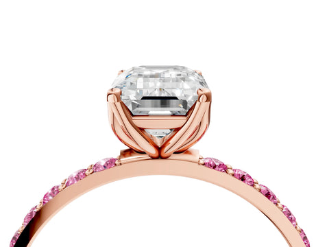 Rose gold Emerald Cut Diamond Solitaire Engagement Ring with Round with Pink Sapphire side stone Pavé Band and Prong Setting_4