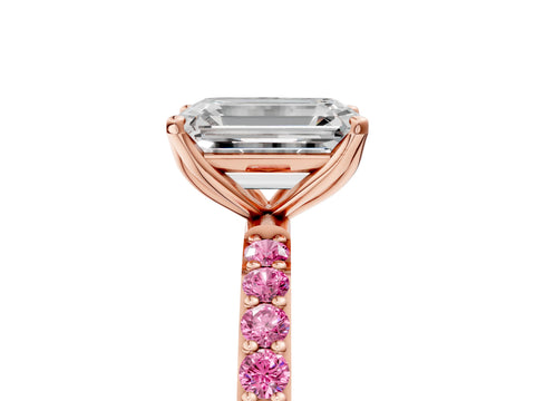 Rose gold Emerald Cut Diamond Solitaire Engagement Ring with Round with Pink Sapphire side stone Pavé Band and Prong Setting_5
