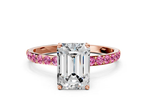 Rose gold Emerald Cut Diamond Solitaire Engagement Ring with Round with Pink Sapphire side stone Pavé Band and Prong Setting